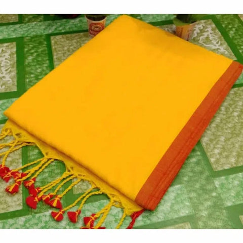 120 Count Pure Cotton Plain MulMul Saree Without Blouse - Yellow Colour