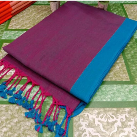 120 Count Pure Cotton Plain MulMul Saree Without Blouse - Purple Colour
