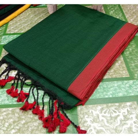 120 Count Pure Cotton Plain MulMul Saree Without Blouse - Green Color