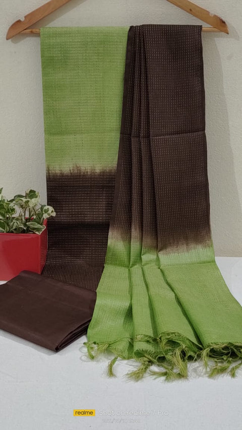 Kota Viscose Semi Tussar Suit - Green & Brown Color