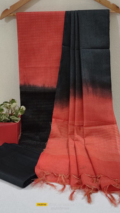 Kota Viscose Semi Tussar Suit - Red & Black Color