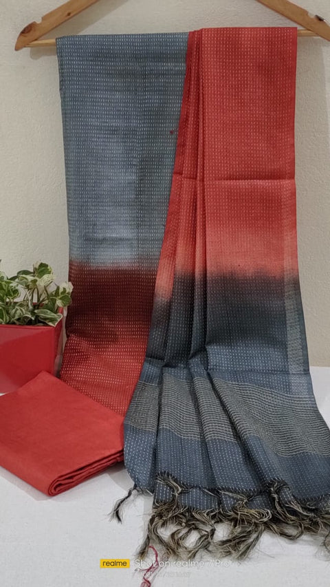 Kota Viscose Semi Tussar Suit - Red & Grey Color