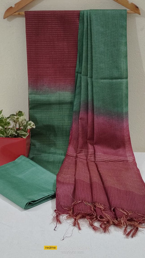 Kota Viscose Semi Tussar Suit - Green & Red Color