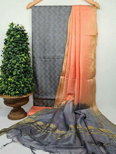 Katan Weaving Silk Suit - Grey & Cream Color