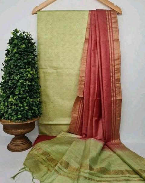 Katan Weaving Silk Suit - Green & Red Color
