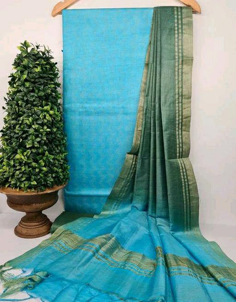 Katan Weaving Silk Suit - Green & Blue Color
