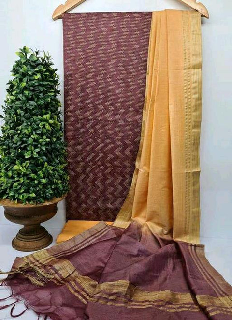 Katan Weaving Silk Suit - Brown & Yellow Color