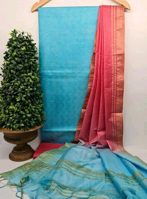 Katan Weaving Silk Suit - Red & Blue Color