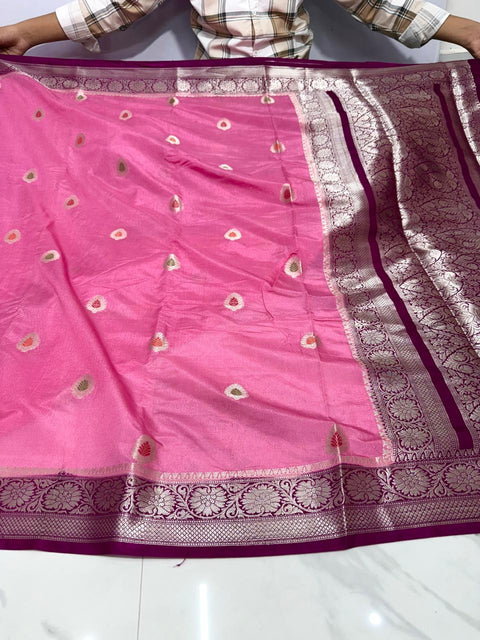 Banarasi Meenakari Buti Design Katan Double Dupion Soft Silk Saree - Pink Colour