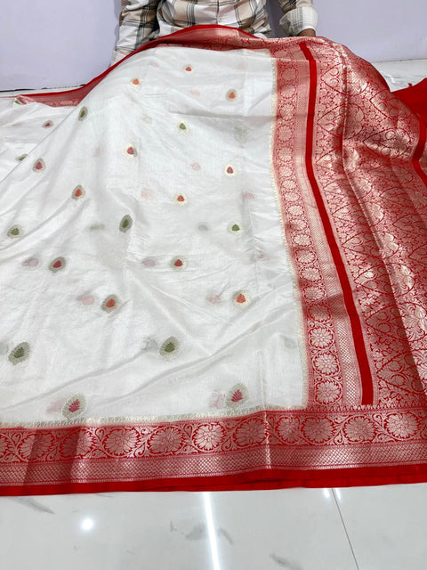Banarasi Meenakari Buti Design Katan Double Dupion Soft Silk Saree - White Colour