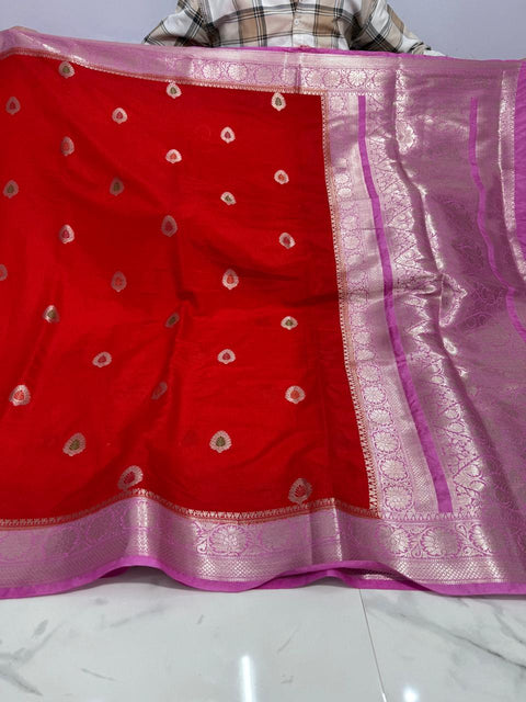 Banarasi Meenakari Buti Design Katan Double Dupion Soft Silk Saree - Red Colour