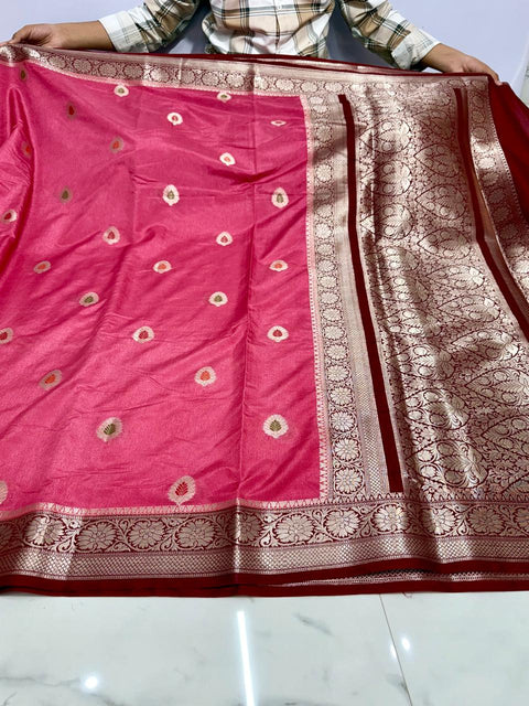 Banarasi Meenakari Buti Design Katan Double Dupion Soft Silk Saree - Rani pink Colour
