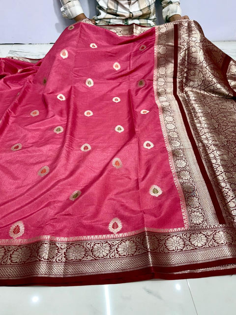 Banarasi Meenakari Buti Design Katan Double Dupion Soft Silk Saree - Rani pink Colour