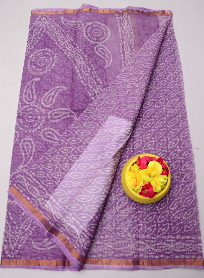 Batik Printed Kota Doria Wax Pure Cotton Saree  - Purple Color