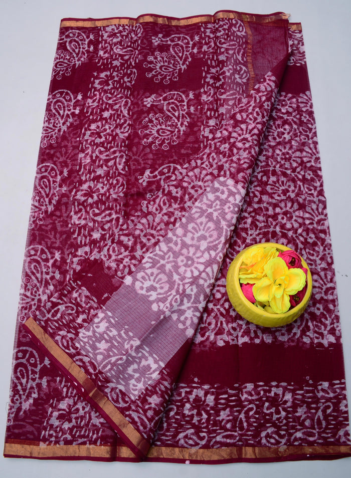 Batik Printed Kota Doria Wax Pure Cotton Saree  - Maroon Color