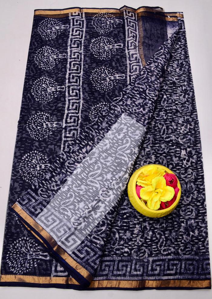 Batik Printed Kota Doria Wax Pure Cotton Saree  - Black Color