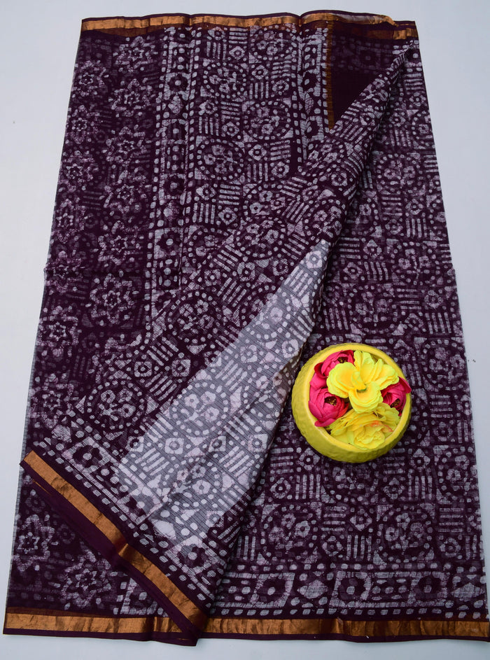 Batik Wax Printed Kota Doria Pure Cotton Saree  - Black Color