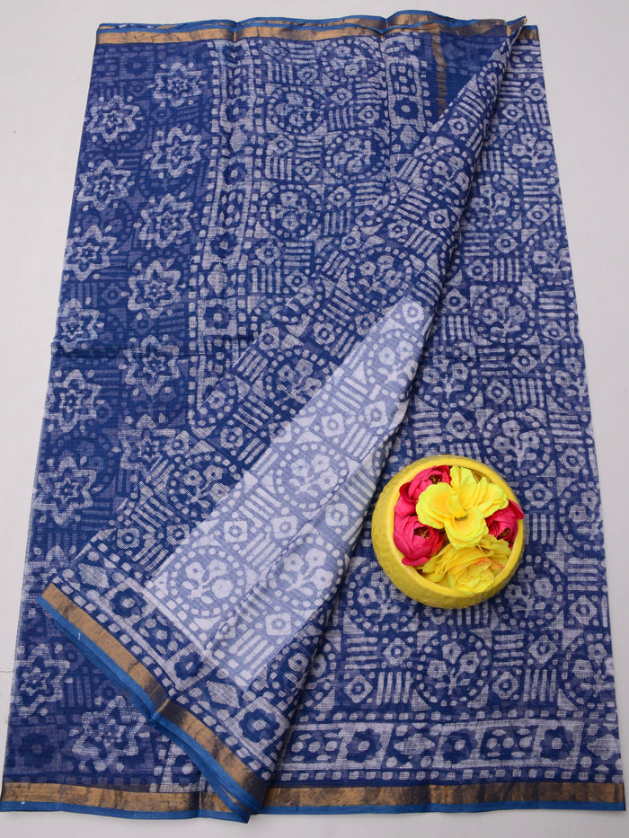Batik Wax Printed Kota Doria Pure Cotton Saree  - Blue Color