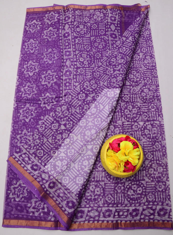 Batik Wax Printed Kota Doria Pure Cotton Saree  - Purple Color