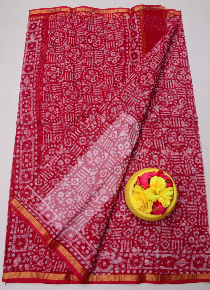 Batik Wax Printed Kota Doria Pure Cotton Saree  - Red Color