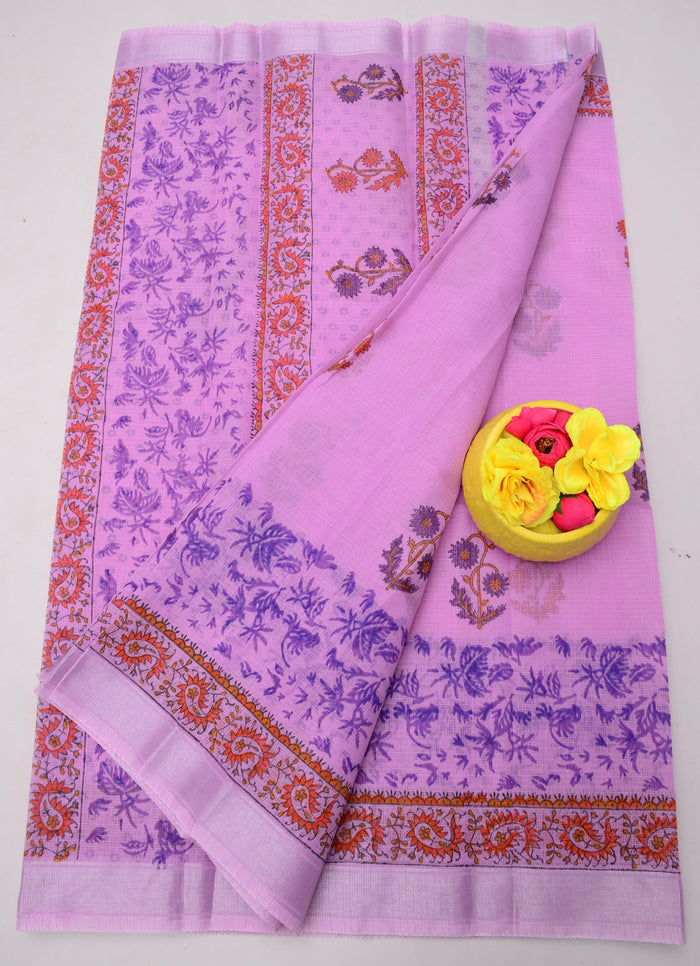Hand Block Kota Doria Printed Saree - Pink Color