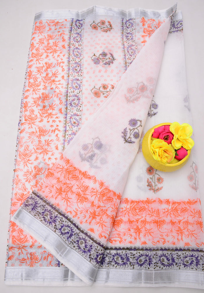 Hand Block Kota Doria Printed Saree - White Color