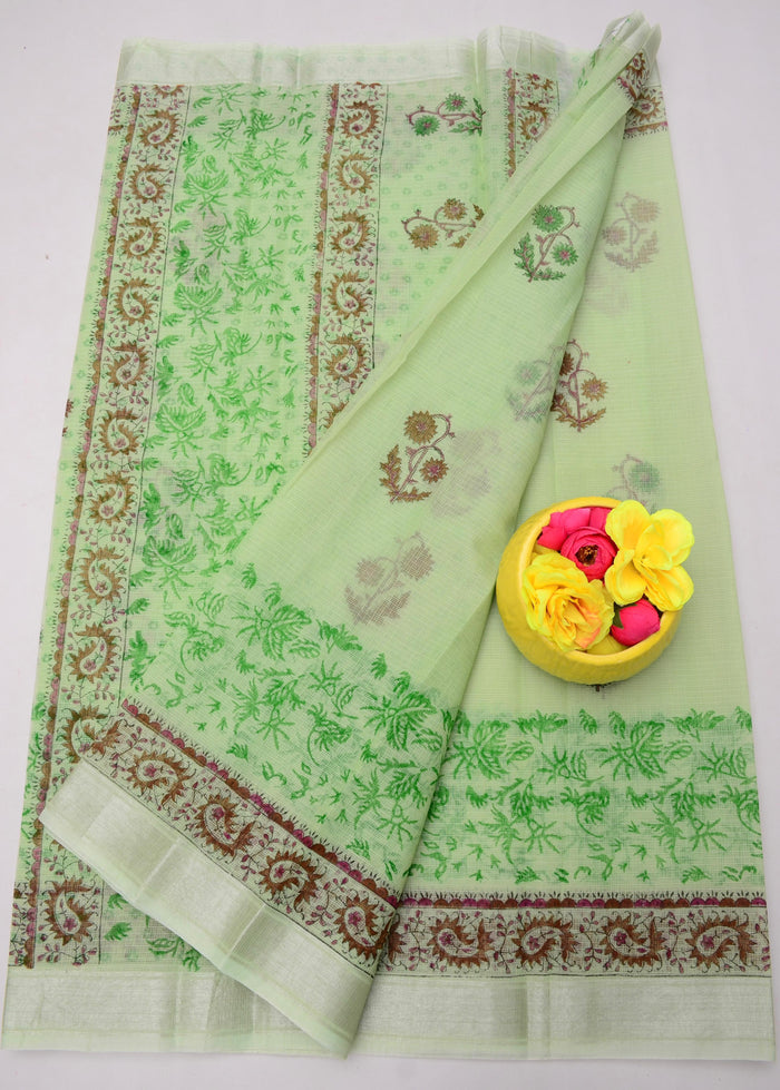 Hand Block Kota Doria Printed Saree - Green Color
