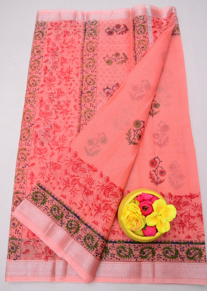 Hand Block Kota Doria Printed Saree - Peach Color