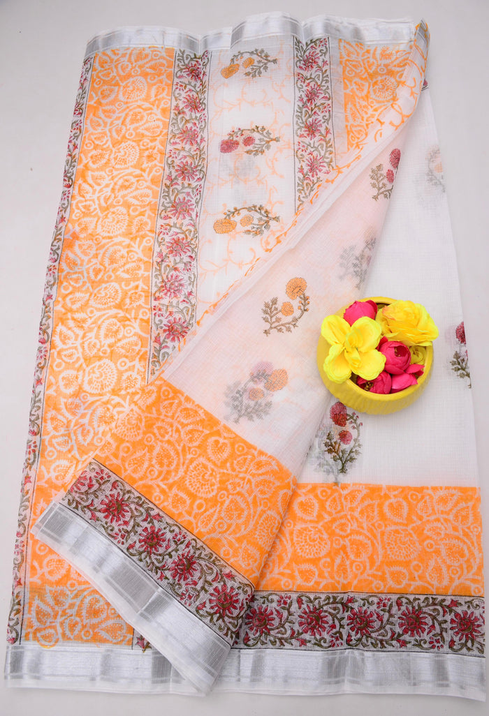 Hand-Block Printed Kota Doria Saree - White Color