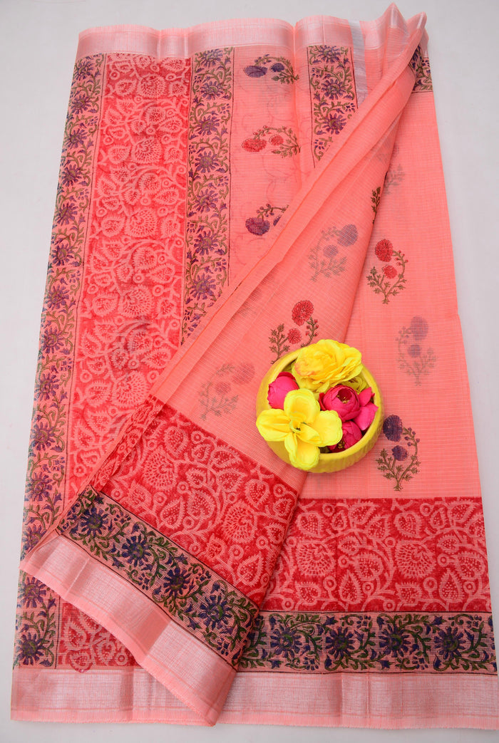 Hand-Block Printed Kota Doria Saree - Peach Color