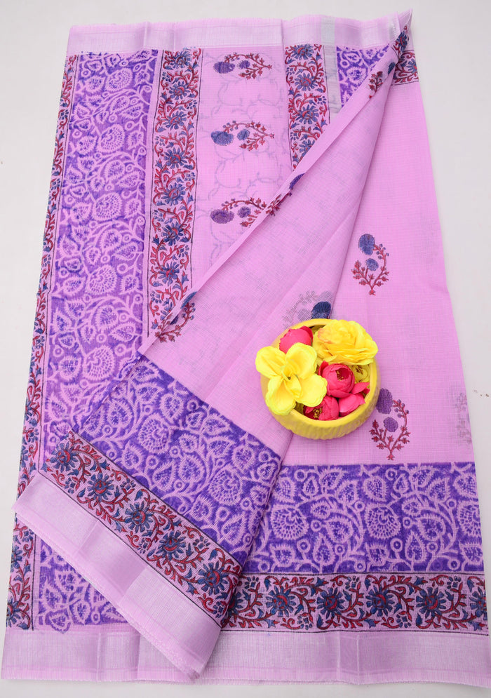 Hand-Block Printed Kota Doria Saree - Purple Color