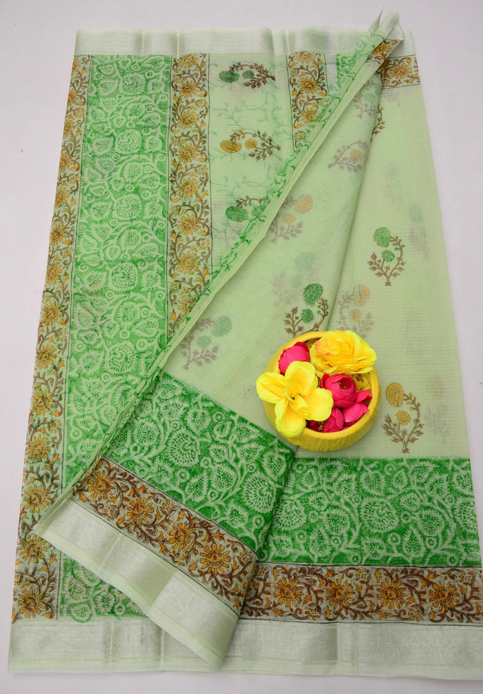 Hand-Block Printed Kota Doria Saree - Green Color