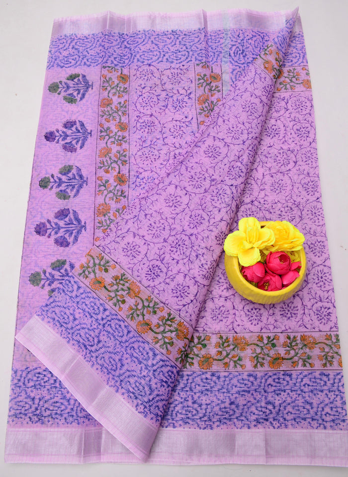 Handcrafted Kota Doria Saree with Block Prints - Purple Color