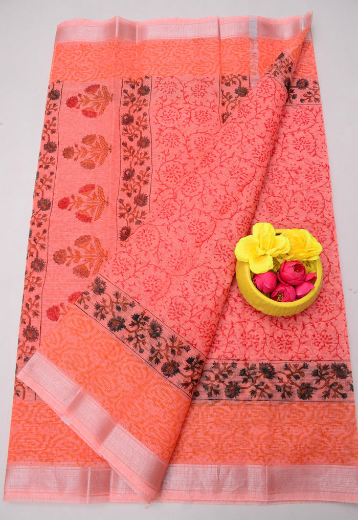 Handcrafted Kota Doria Saree with Block Prints - Peach Color