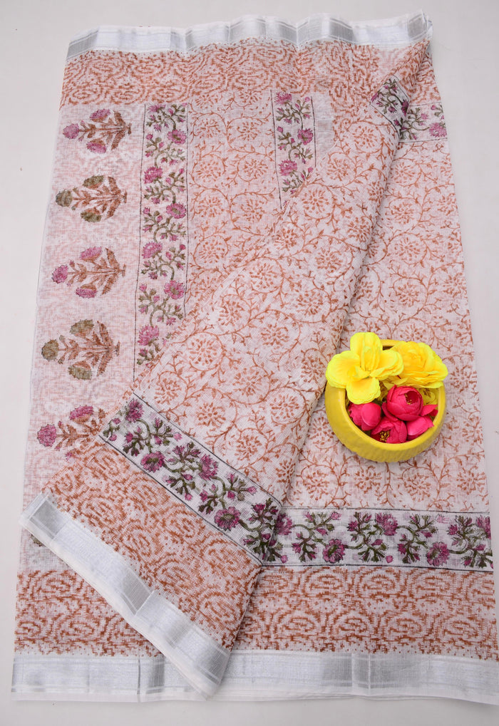 Handcrafted Kota Doria Saree with Block Prints - Beige Color