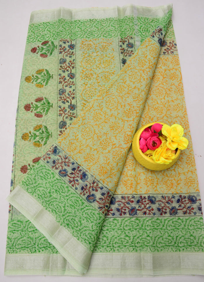 Handcrafted Kota Doria Saree with Block Prints - Green Color