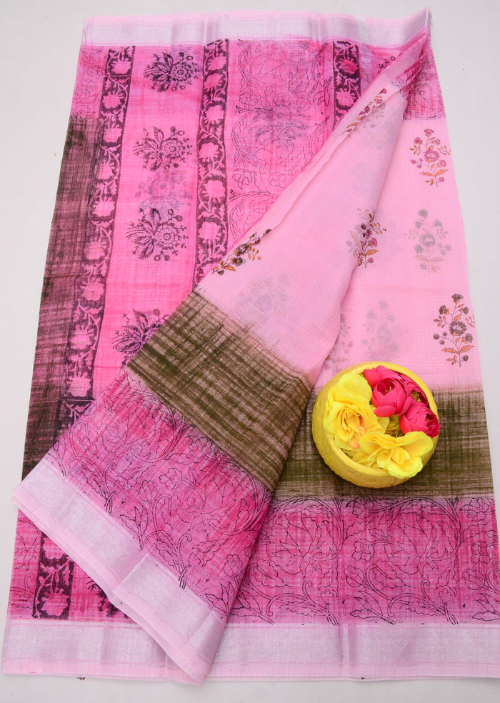 Elegant Kota Doria Hand-Printed Sarees - Pink Color