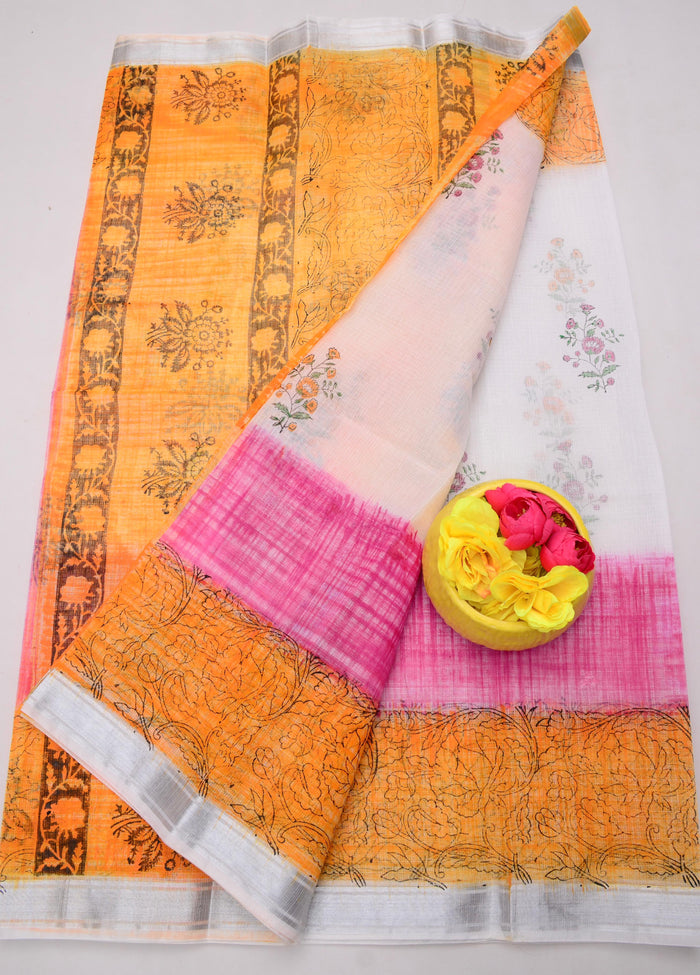 Elegant Kota Doria Hand-Printed Sarees - Orange Color