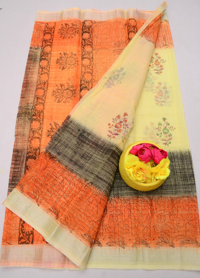 Elegant Kota Doria Hand-Printed Sarees - Orange Colour