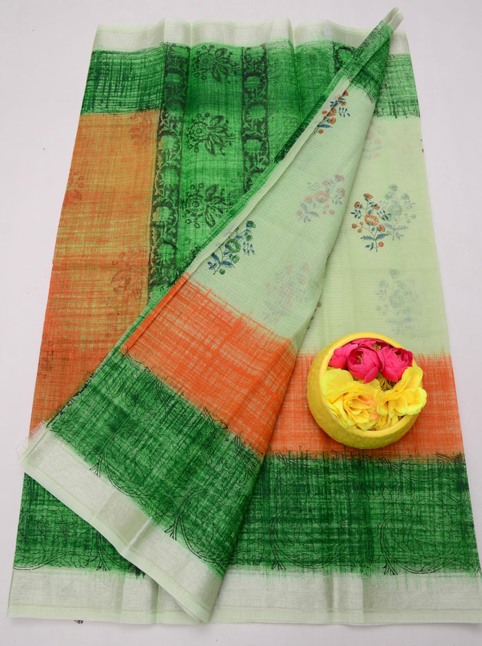 Elegant Kota Doria Hand-Printed Sarees - Green Color