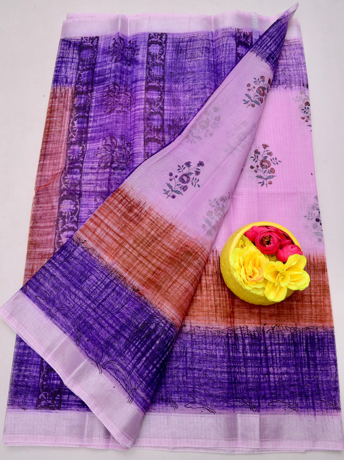 Elegant Kota Doria Hand-Printed Sarees - Purple Color