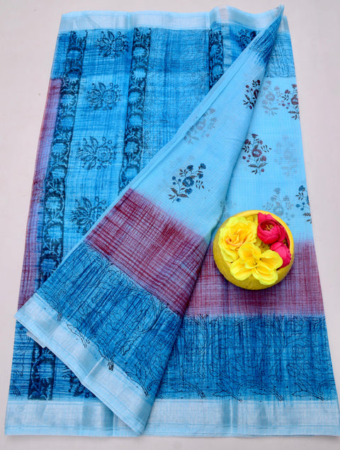 Elegant Kota Doria Hand-Printed Sarees - Blue Color