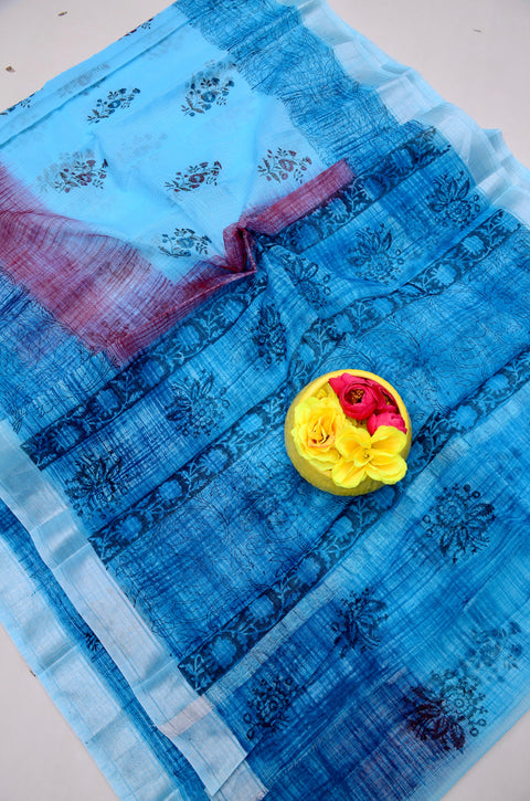 Elegant Kota Doria Hand-Printed Sarees - Blue Color