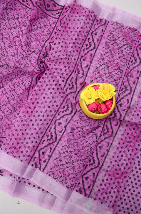 Traditional Kota Doria Hand-Printed Sarees - Purple Color