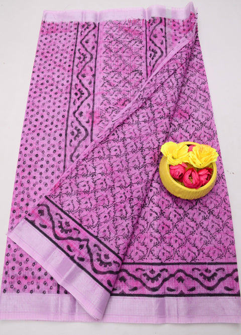Traditional Kota Doria Hand-Printed Sarees - Purple Color