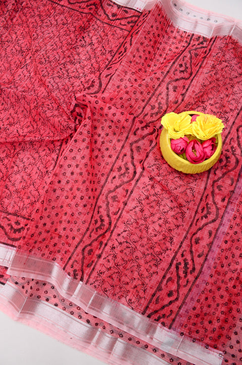 Traditional Kota Doria Hand-Printed Sarees - Red Color