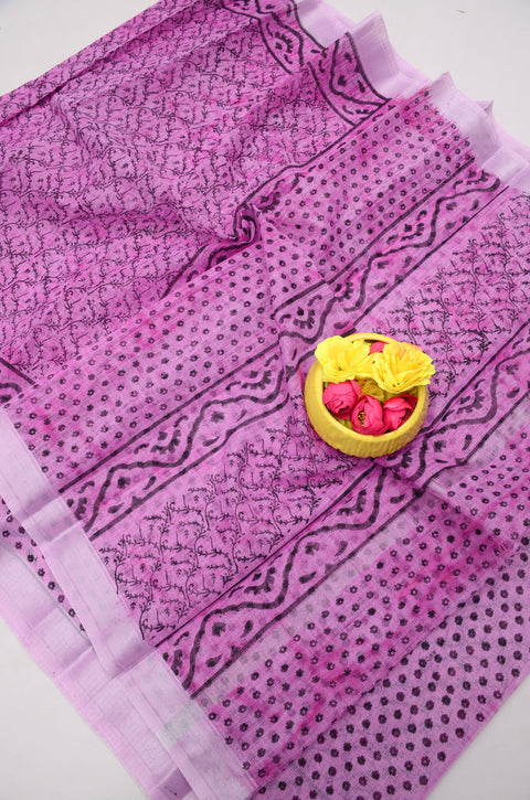 Traditional Kota Doria Hand-Printed Sarees - Purple Color