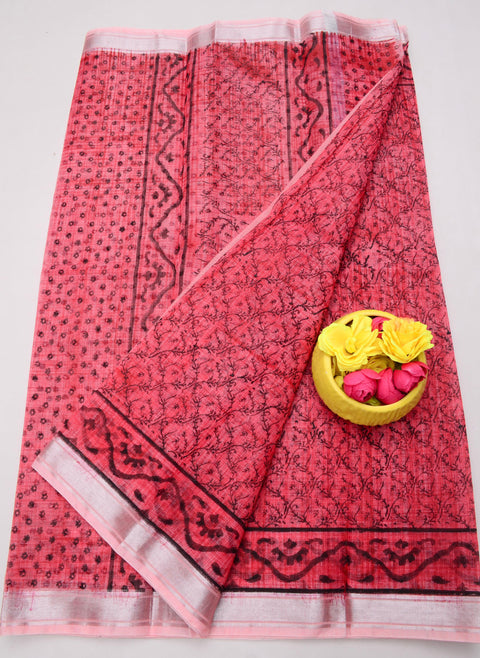 Traditional Kota Doria Hand-Printed Sarees - Red Color