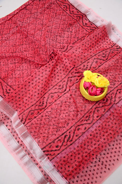 Traditional Kota Doria Hand-Printed Sarees - Red Color