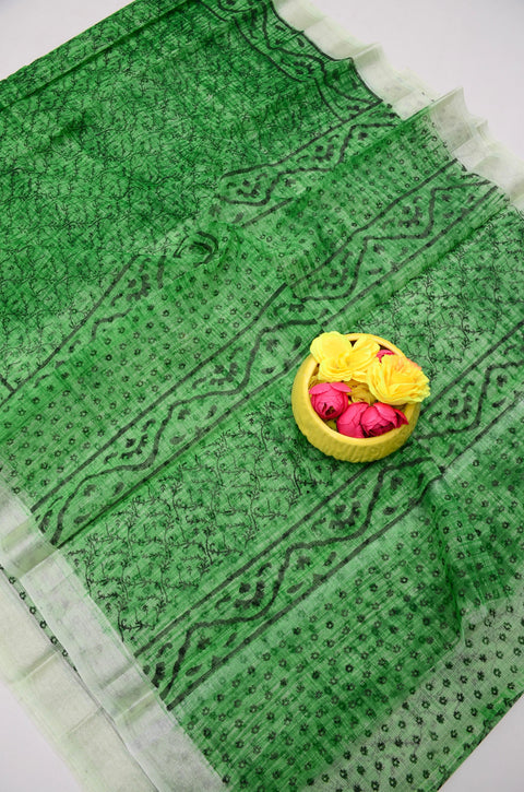 Traditional Kota Doria Hand-Printed Sarees - Green Color